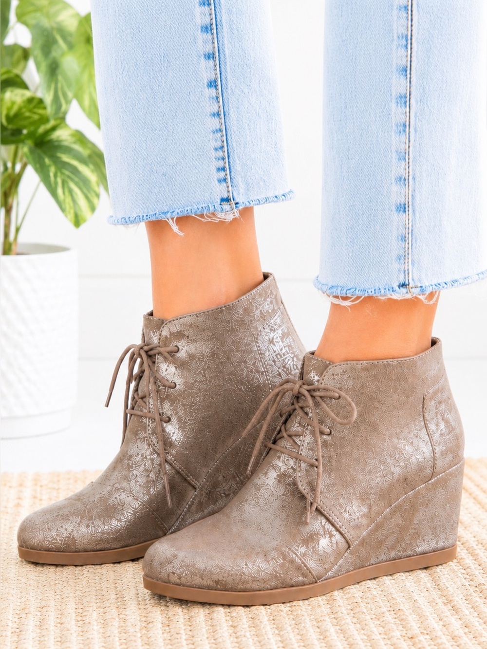 TOMS Metallic Lace Up Wedge Booties Boho Festival Shoes